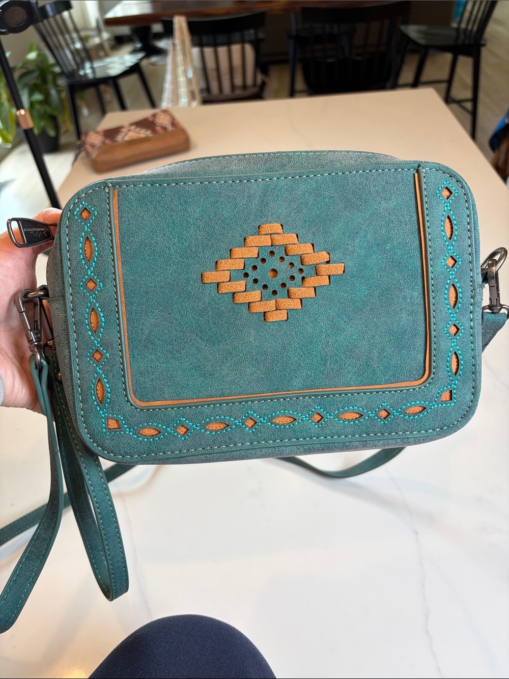 Teal Crossbody Bag with Tan Aztec Inlay